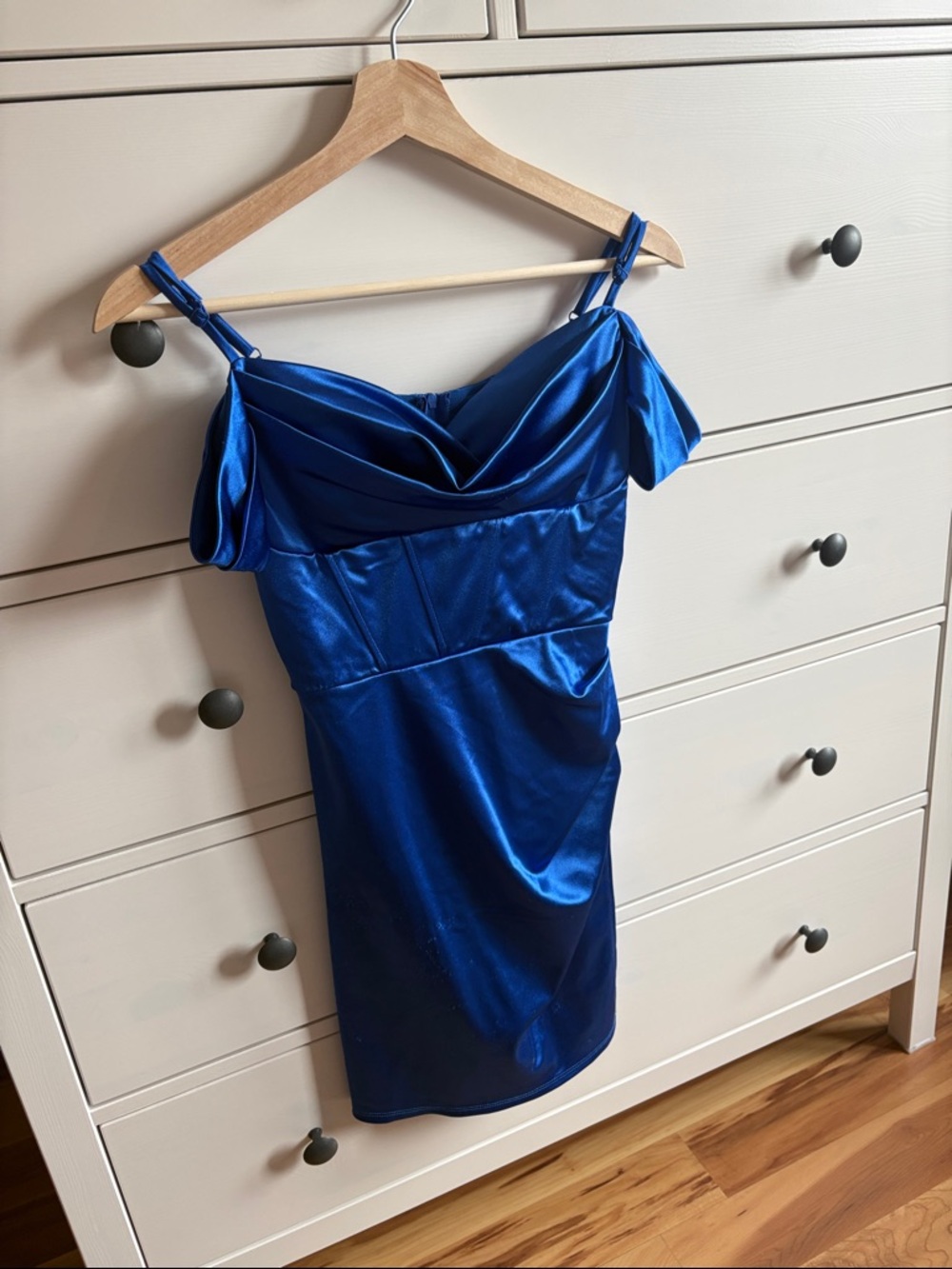 Satin Draped Off-Shoulder Mini Dress in Royal Blue